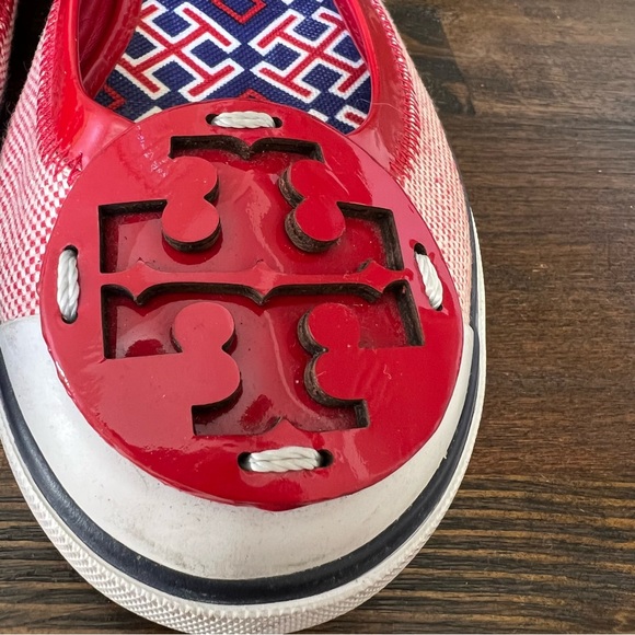 💕Host Pick💕Tory Burch Channing Red Patent Leather/Canvas Flats Hardly Used! - Picture 6 of 11